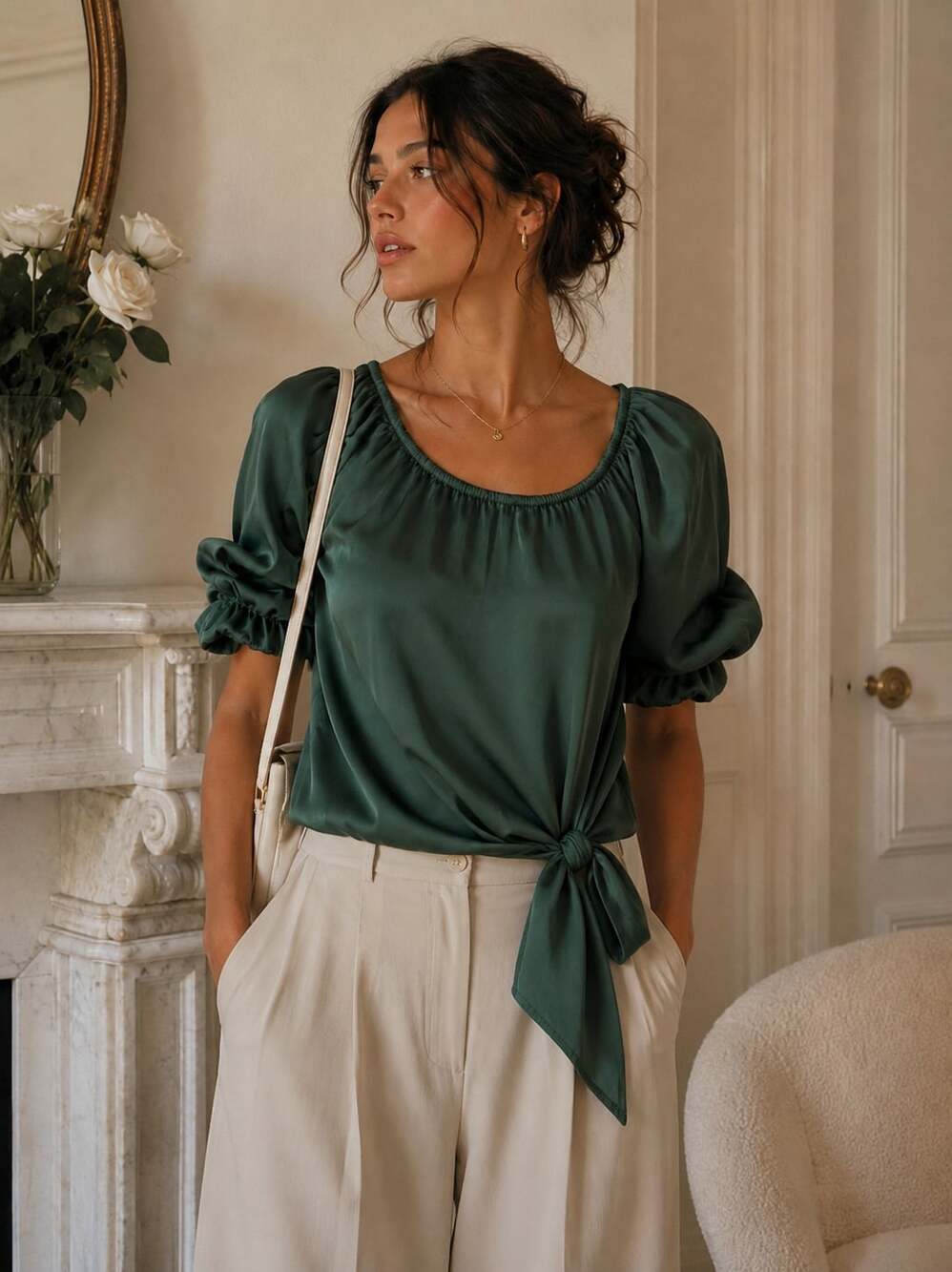 Vince Camuto Green Satin Tie Front Puff Sleeve Blouse Top Women’s Medium M NWT